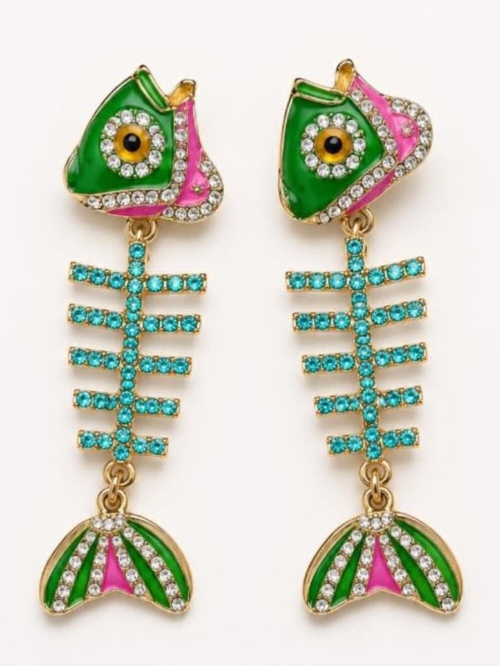 💖 Kitsch Enamel Fishbone Dangle Earrings Rhinestone Accents #125